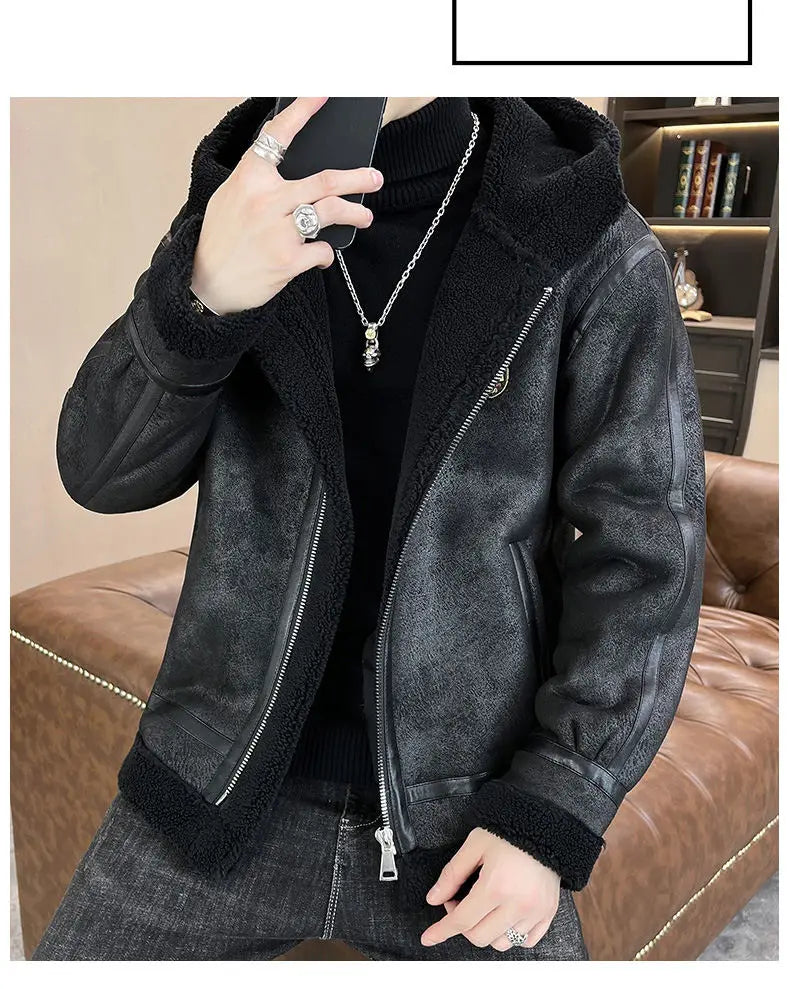 Autumn and winter fur one-piece thickened and fleece jacket for men and teenagers, gold embossed suede thickened warm jacket