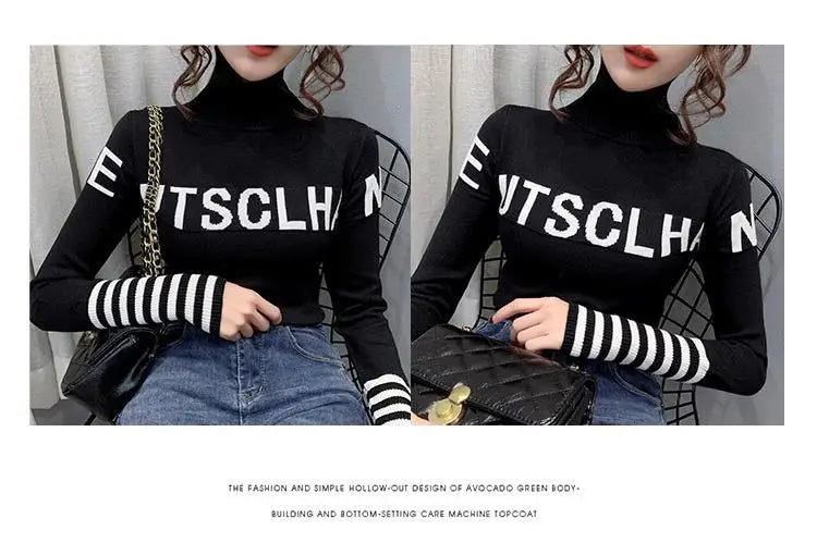 Turtleneck Pullovers Femme Autumn Winter Interior Lapping Fashionable Slim Bottoming Shirt Letter Knitting Sweater Striped Tops