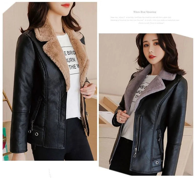 2022 New Winter PU Leather Jacket Women Short Blazers Coat Fleece Double-faced Fur Leather Outerwear Lady Slim Suit Tops Jackets