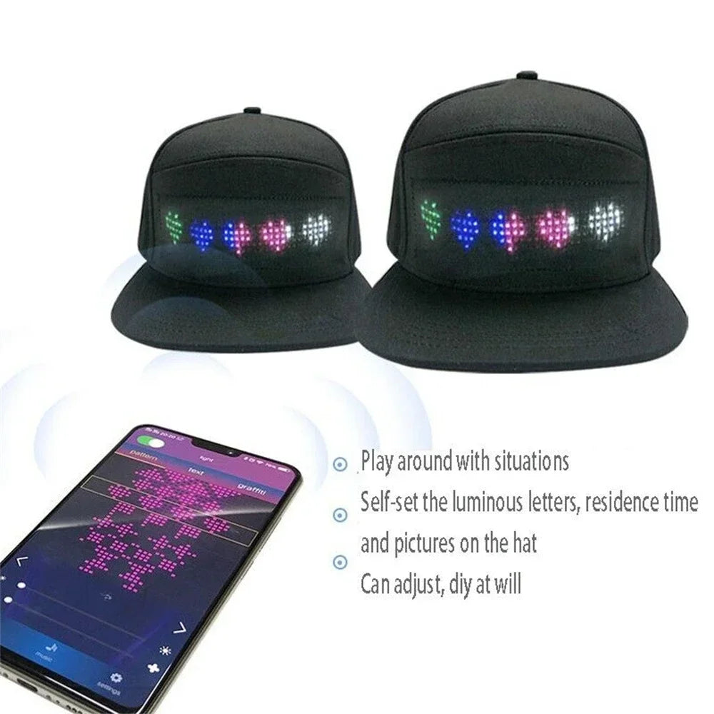 USB Rechargeable Bluetooth APP Programmable LED Scrolling Message Display Board Hip Hop Street Snapback Hat Unisex Baseball Cap