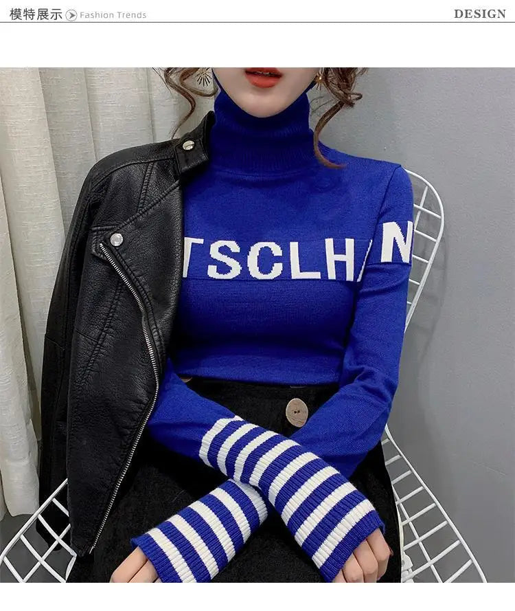 Turtleneck Pullovers Femme Autumn Winter Interior Lapping Fashionable Slim Bottoming Shirt Letter Knitting Sweater Striped Tops