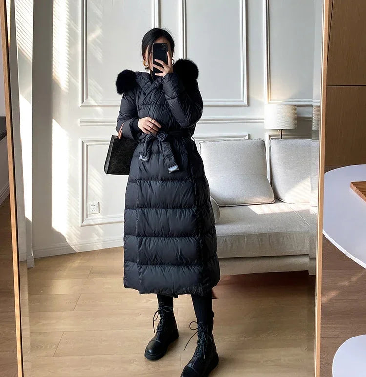 Real Fur Jacket 2024 Winter Women White Duck Down Jackets Ultra Light Warm Long Parkas Fox Fur Collar Female Hooded Snow Coats