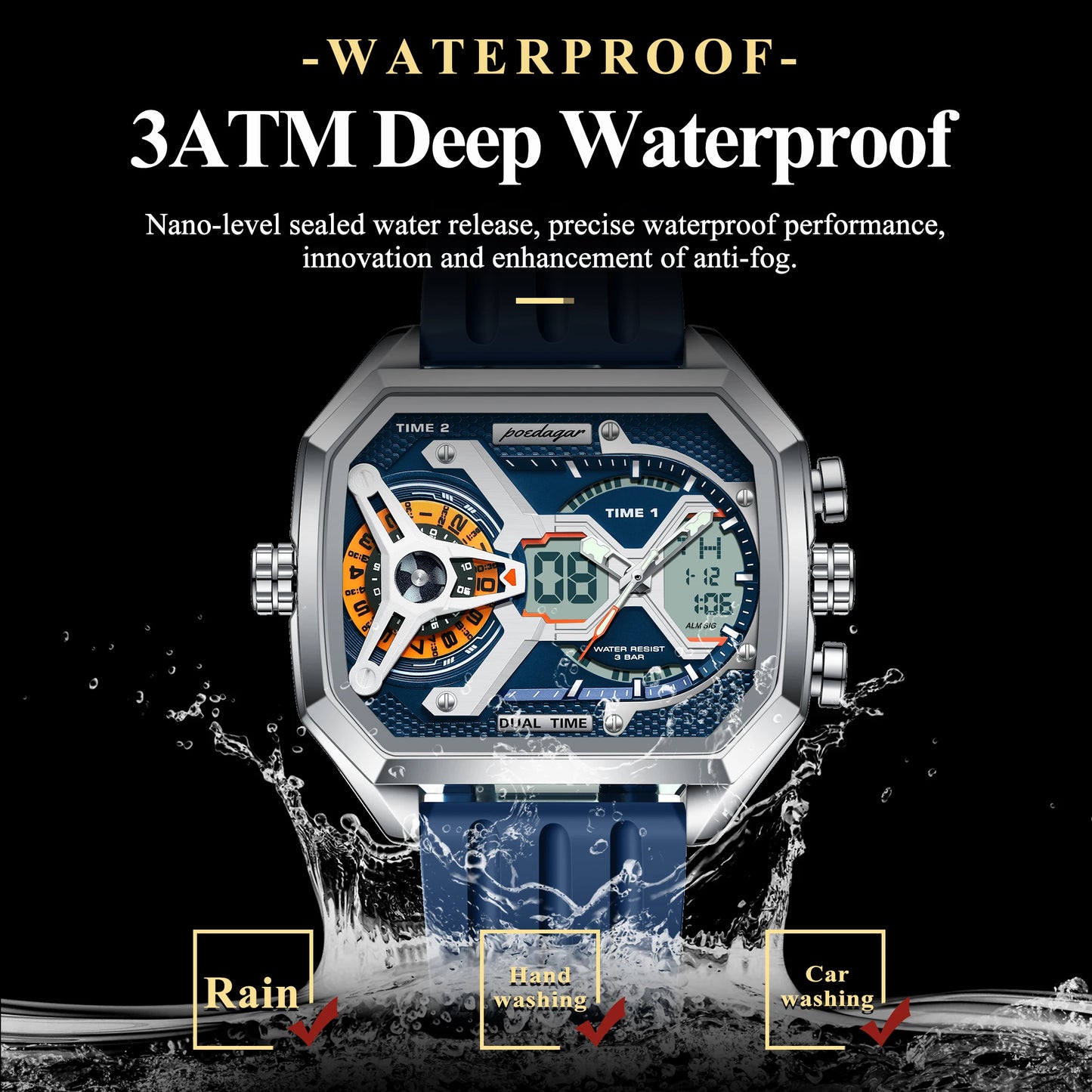 POEDAGAR Top Luxury Men Clock LED Calendar Week Luminous Man Wristwatch Electronic Rectangle Silicone Strap Quartz Men's Watches