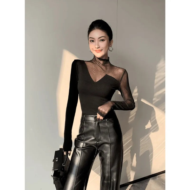 Women Korean Fashion Sexy See Through Mesh Patchwork Basic T-shirt Office Lady Black Elegant Long Sleeve Slim Tops Ropa De Mujer