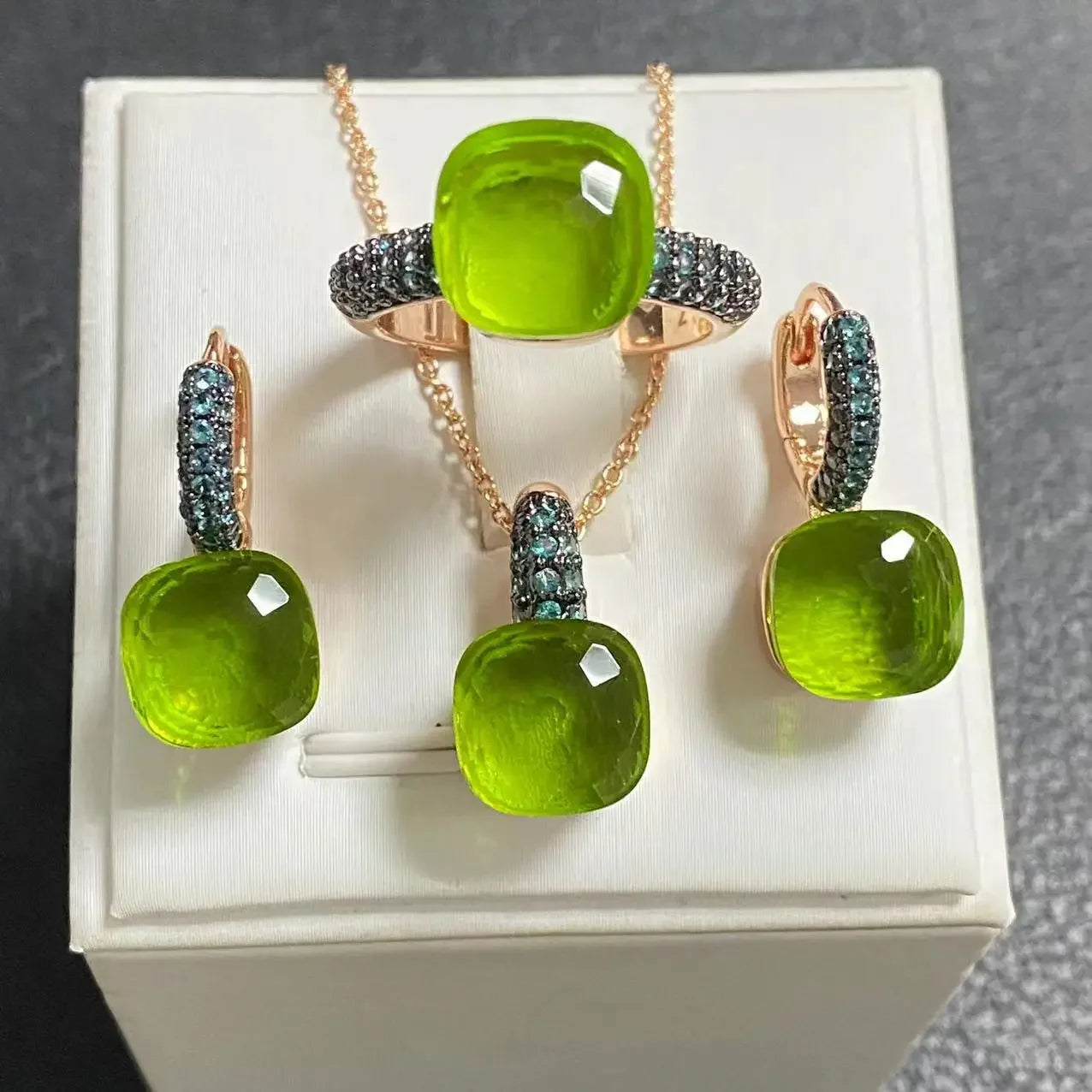 3Pcs Gun Black Plated Blue Zircon Jewelry Set for Women Includes Ring Earrings Necklace Elegant Crystal Blue Topaz Matching Gift