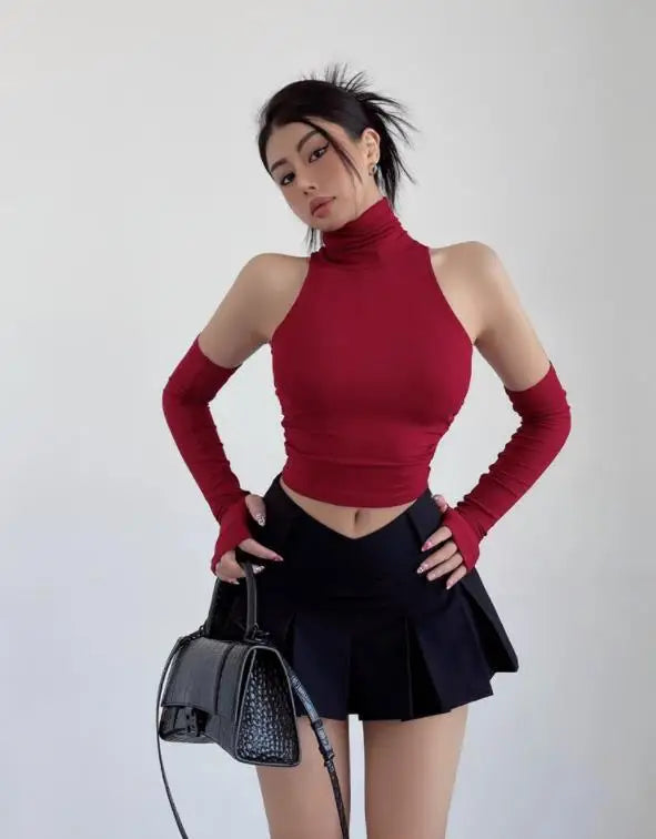 Spring Summer Top Sexy Tank Top Spicy Girl Sleeves High Neck Pleated Club Crop Top Women tshirt Skinny Streetwear Y2k Clothing