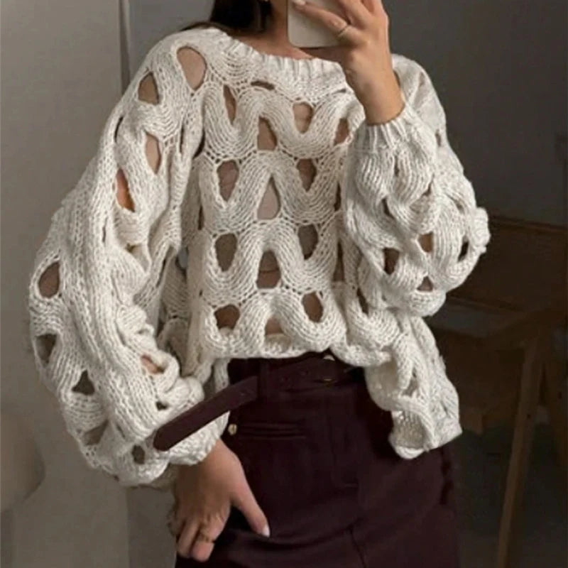 Sexy Hollow Out Long Sleeved Knitted Sweater Summer Beach O-neck Crochet Pullover Casual Solid Color Women's Loose Top Blouses