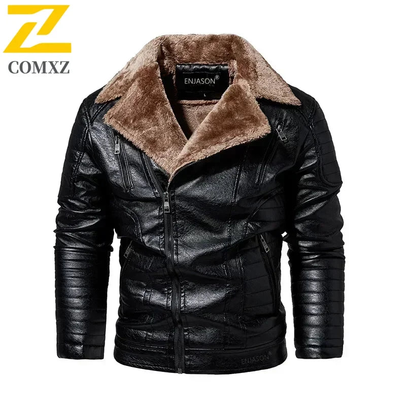 Fashion Warm Winter Mens PU Leather Jacket With Fur Collar Thicken Fleece Motorcycle Coat Casual Faux Leather Locomotive Jacket
