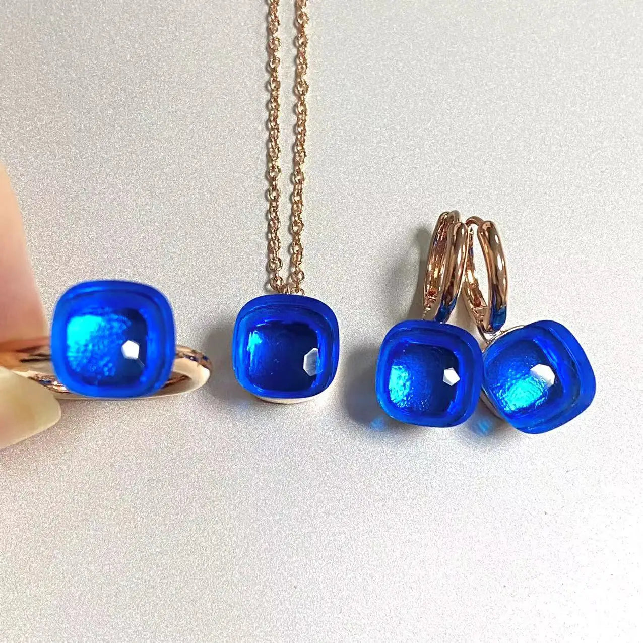 3Pcs/Set Women Ring Earrings Necklace Jewelry Set 34Colors Pink Crystal Jewelry Set Rose Gold Plated Jewelry