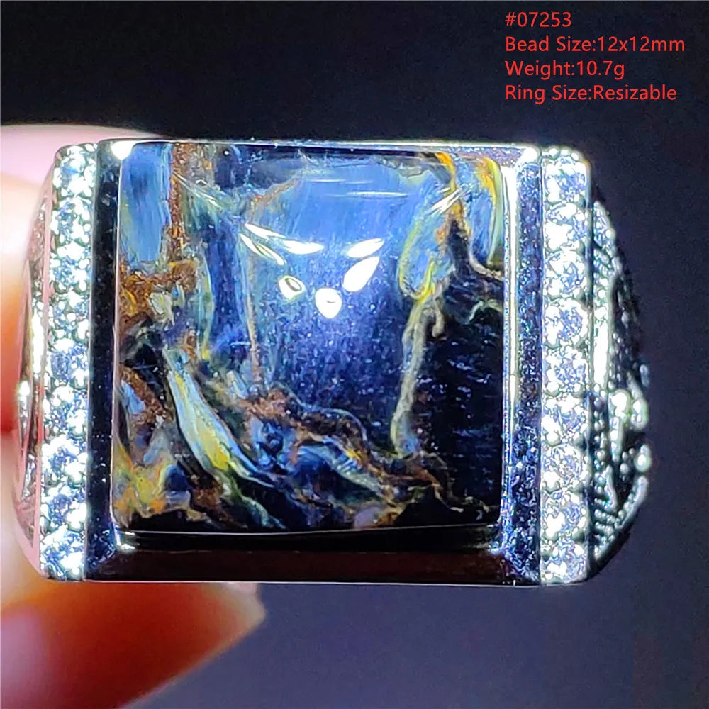 Natural Blue Pietersite Beads Adjustable Ring Woman Men Namibia Pietersite Ring Chatoyant Beads Fashion Silver Jewelry AAAAAA