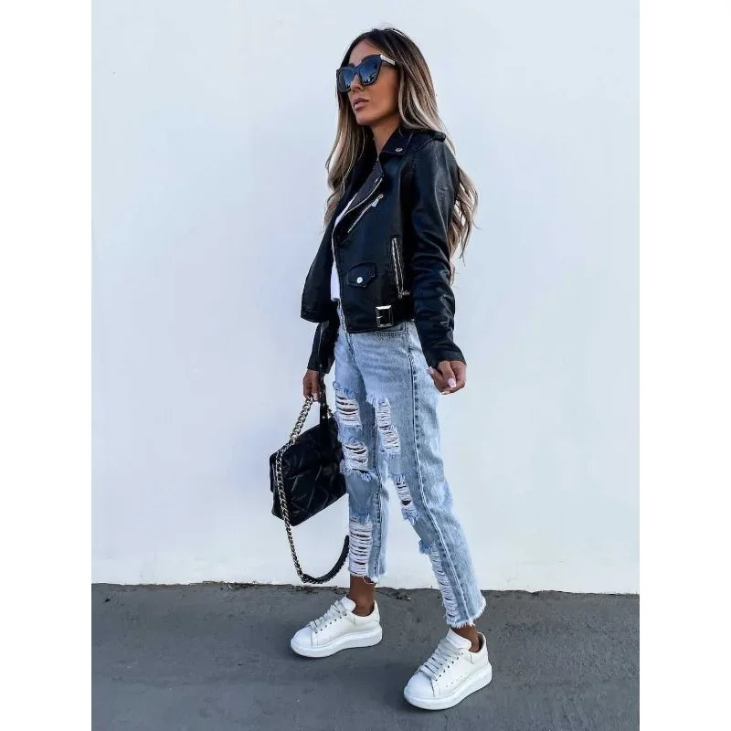 Locomotive PU Jackets Outwear Women Long Sleeve Zipper Fashion Jacket PU Leather Coat Motorcycle Short Coats Outwear