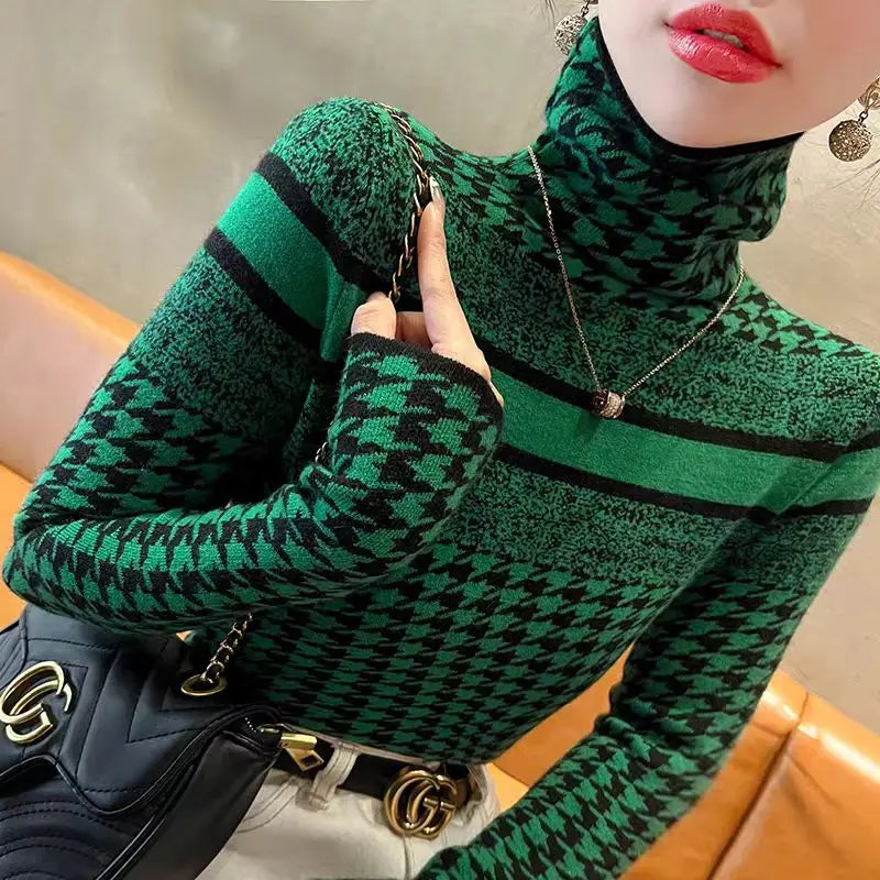 Autumn Winter Vintage Fashion Slim Turtleneck Turtleneck Women Clothing Elegant Chic Long Sleeve Knit Pullovers Lady Sweet Tops