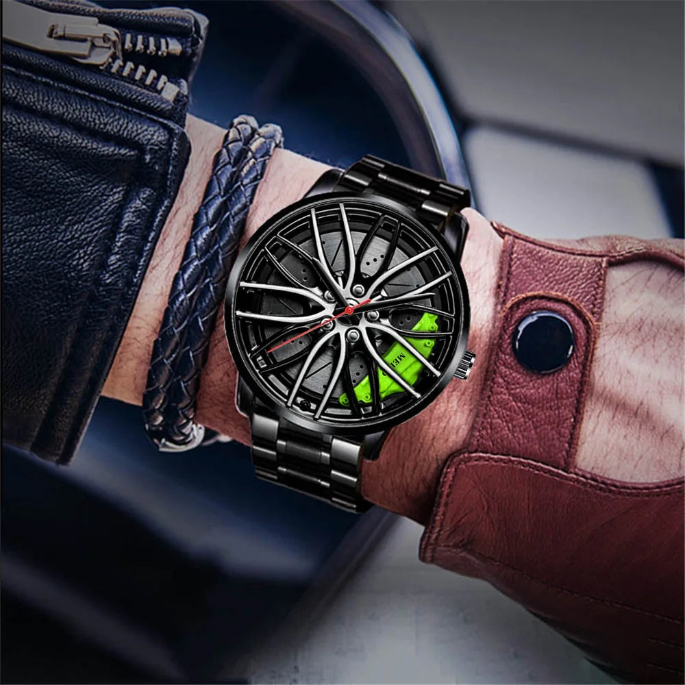 New Fashion Man Luxury Watches For Men Car Wheel Hub Stainless Steel Quartz Watch Mens Military Sport Leather Watch Reloj Hombre