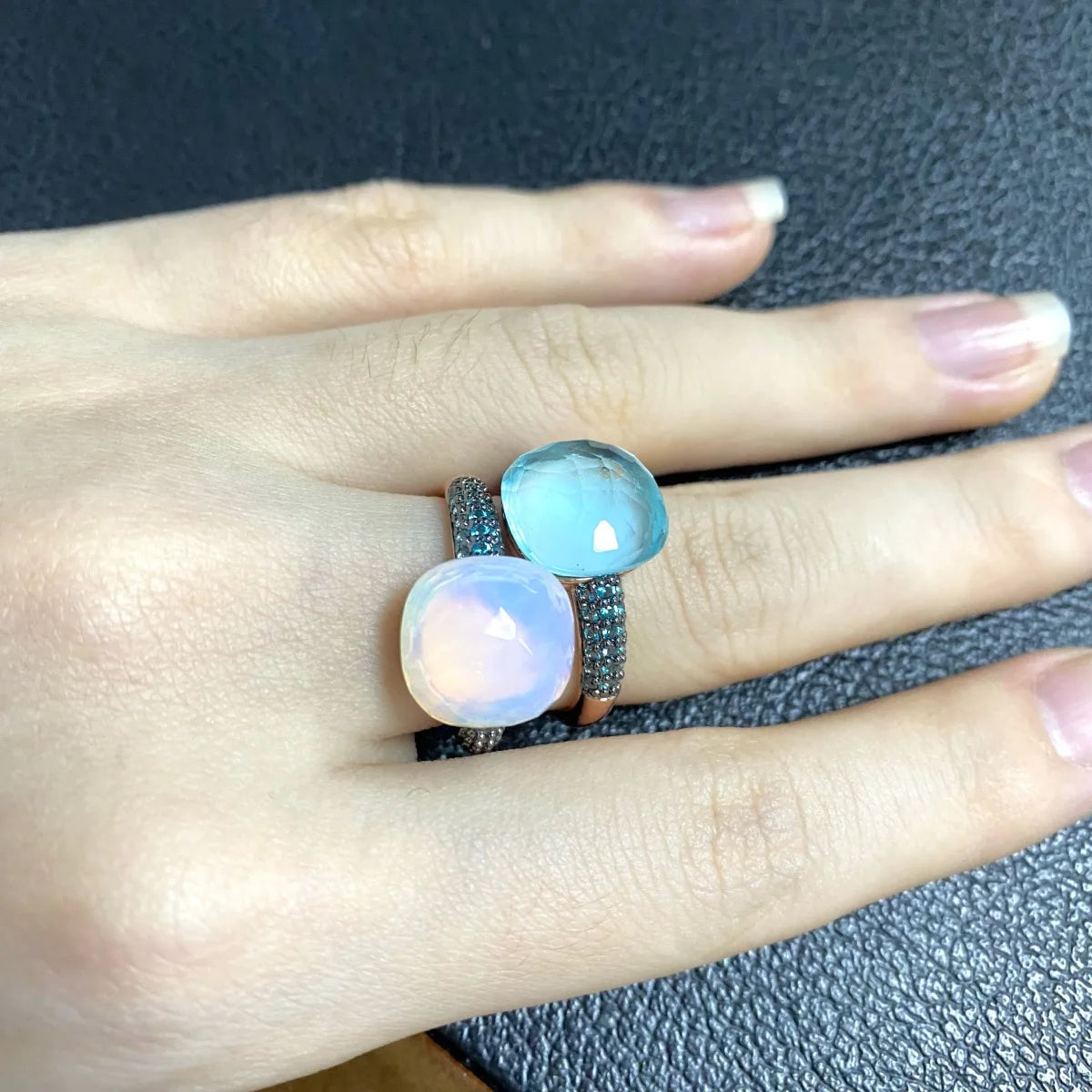 Blue Topaz Ring Inlay Black Zircon With Black Gun Plated 12.6mm Flat Crystal Ring For Women Party Fashion Jewelry Gift