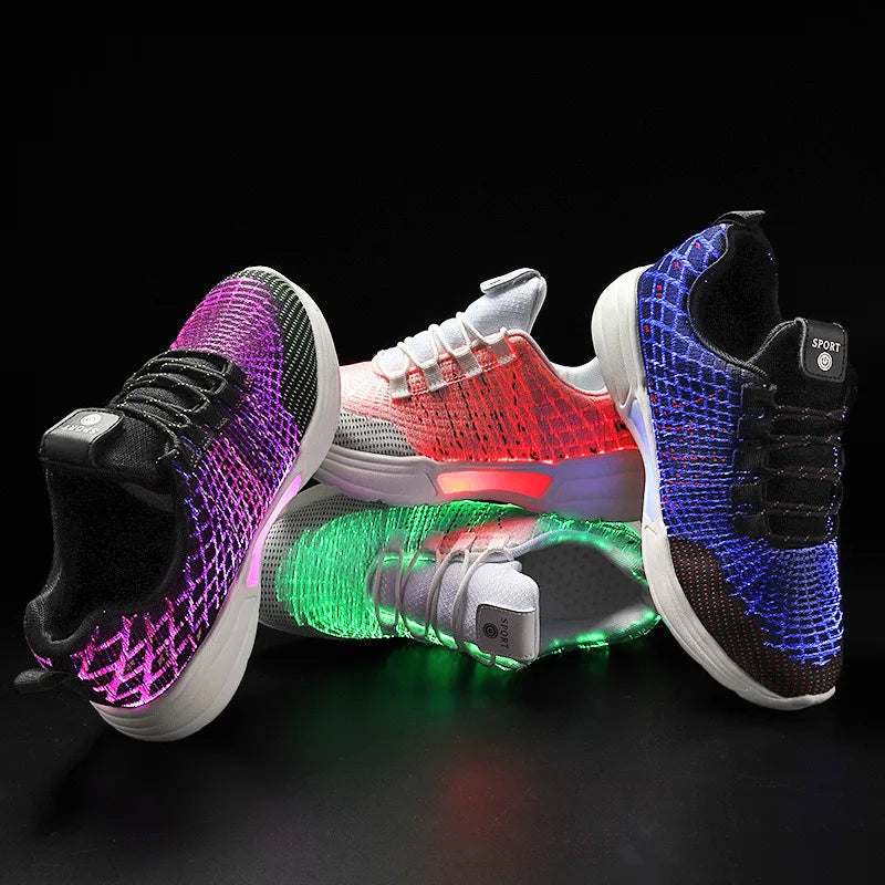 Men Fashion LED Shoes Light Up Sneakers USB Recharging Fiber OPTIC Cloth Elastic Sole Glowing Luminous Flashing Casual Shoes