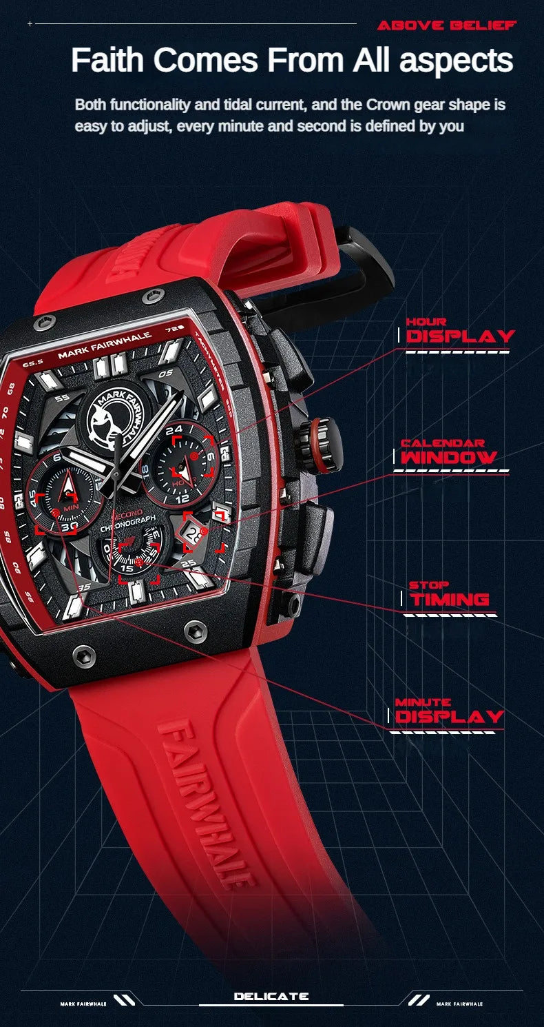 Fashion White Watches For Men Sport Silicone Strap Dive Luminous Quartz Watch Tonneau Shape Resin Case Multifunctional Clock New