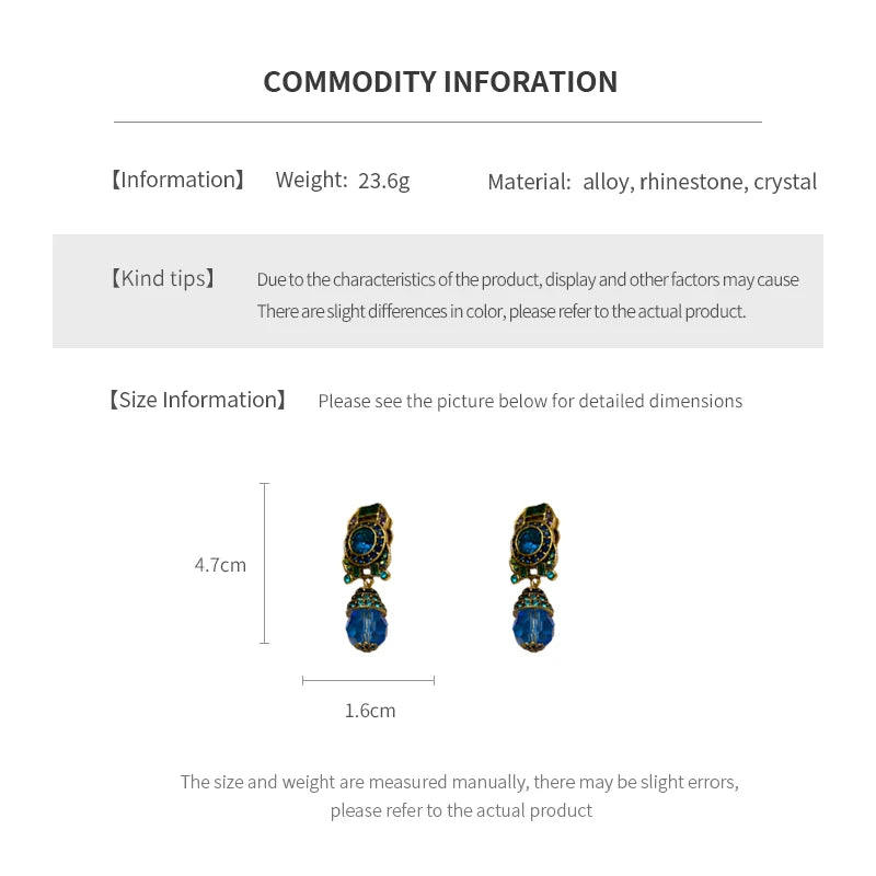 Rhinestone Bluey Crystal Clip Earrings for Womens Medieval Vintage Fashion Peisonality Sparkle Charms Earring Luxury Jewelry New