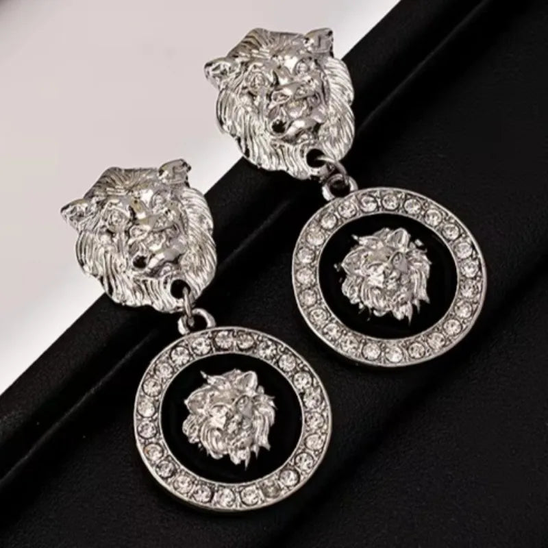 Stud Earrings For Women Vintage Lion Head Glass Geometric Party Gift OL Holiday Fashion Jewelry Ear Accessories CE150
