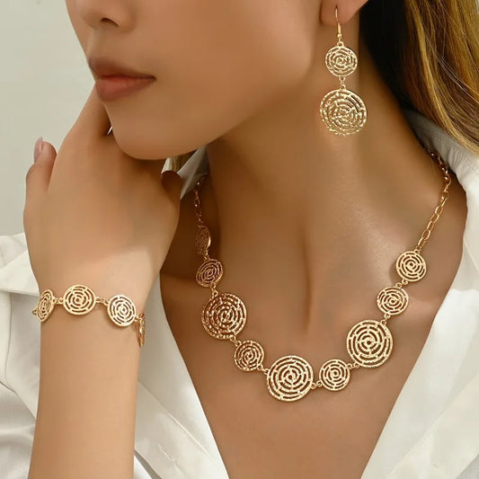 Simple Fashion Creative Line Round Retro Elegant Earrings Necklace Bracelet Set for Women's Holiday Party Jewelry Gift