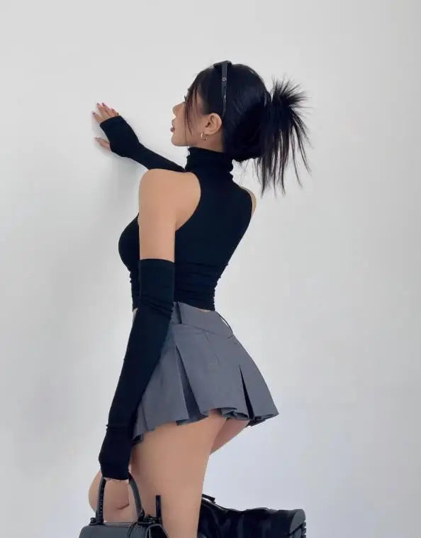 Spring Summer Top Sexy Tank Top Spicy Girl Sleeves High Neck Pleated Club Crop Top Women tshirt Skinny Streetwear Y2k Clothing