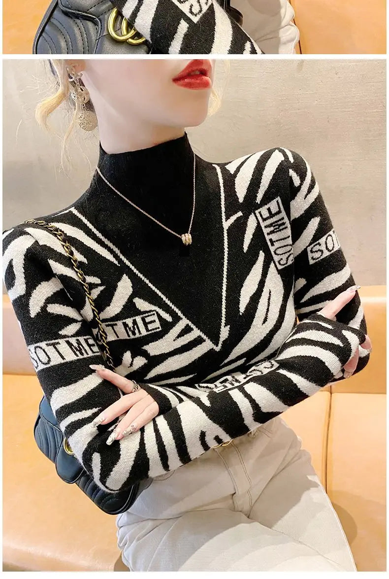 Autumn Office Lady Patchwork Knitting Turtleneck Long Sleeve Pullovers Women Clothes Fashion Letter Slim Top Tee Ladies Sweater