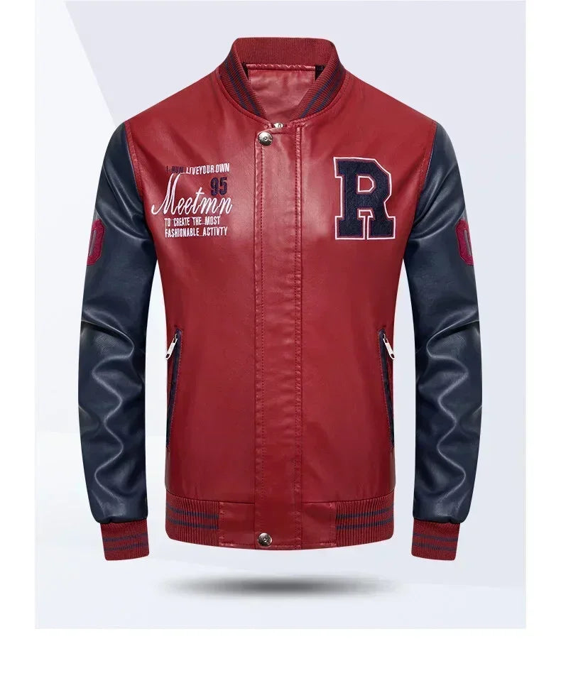Men's American Leather Baseball Jacket Casual Color Block PU Pilot Coat Spring Autumn Leather Jacket Motorcycle Suit Jackets Men