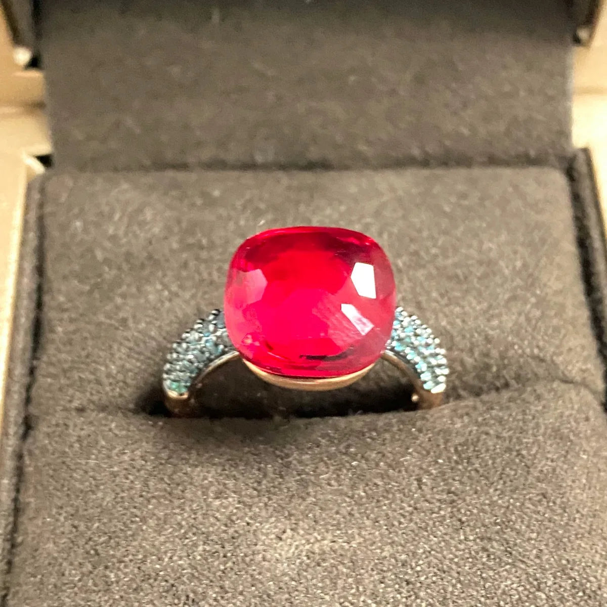 Blue Topaz Ring Inlay Black Zircon With Black Gun Plated 12.6mm Flat Crystal Ring For Women Party Fashion Jewelry Gift