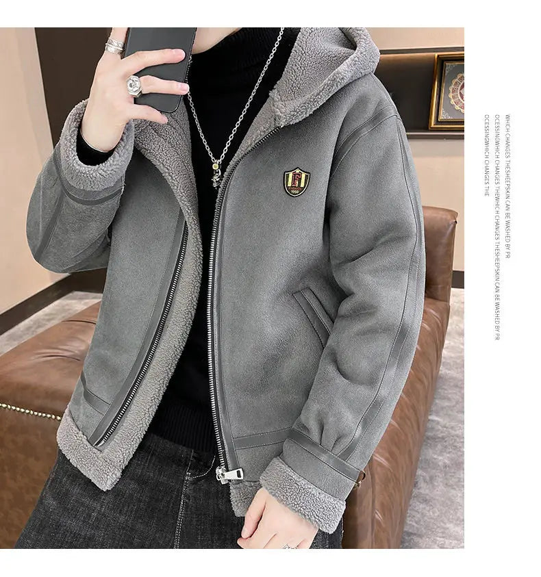 Autumn and winter fur one-piece thickened and fleece jacket for men and teenagers, gold embossed suede thickened warm jacket