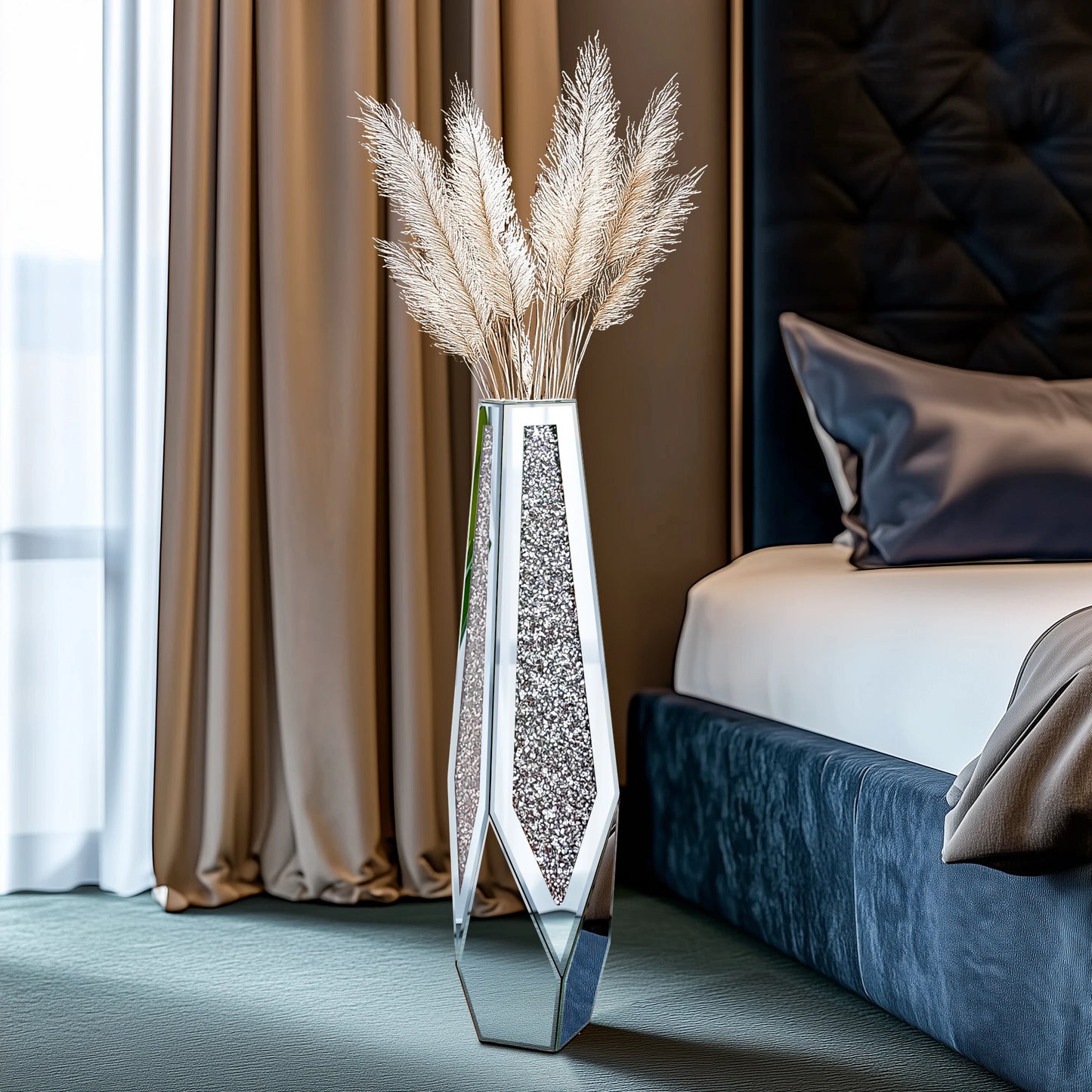 Tall Floor Mirror Vase, Large Crushed Diamond Glass Vase for Home Decor Modern Crystal Centerpiece for Living Room Wedding Hotel