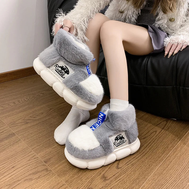2025 Women's Winter Warm Shoes Plush Lining Indoor Slippers Couples Platform Heel High Top Snow Boots Female Male Home Slipper