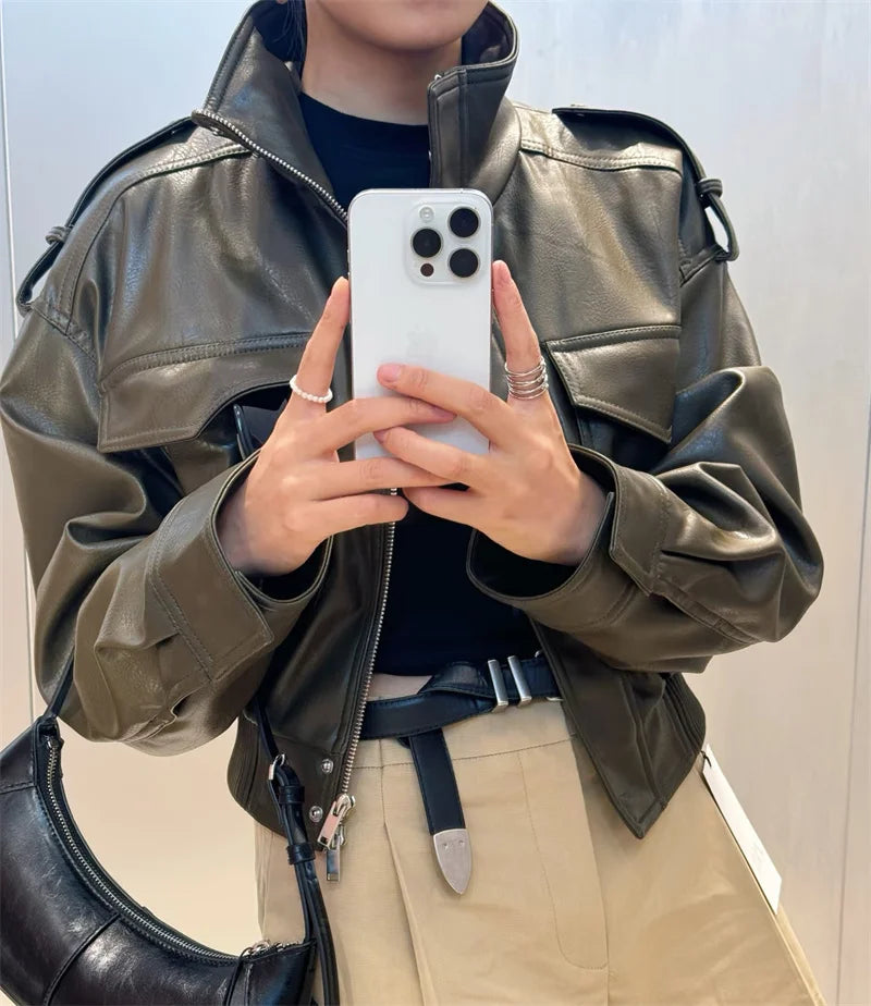Women's Jacket New Fall 2025 Dark Green Long Sleeve Faux Leather Short Jacket Jacket Biker Style Casual Fashion Personality
