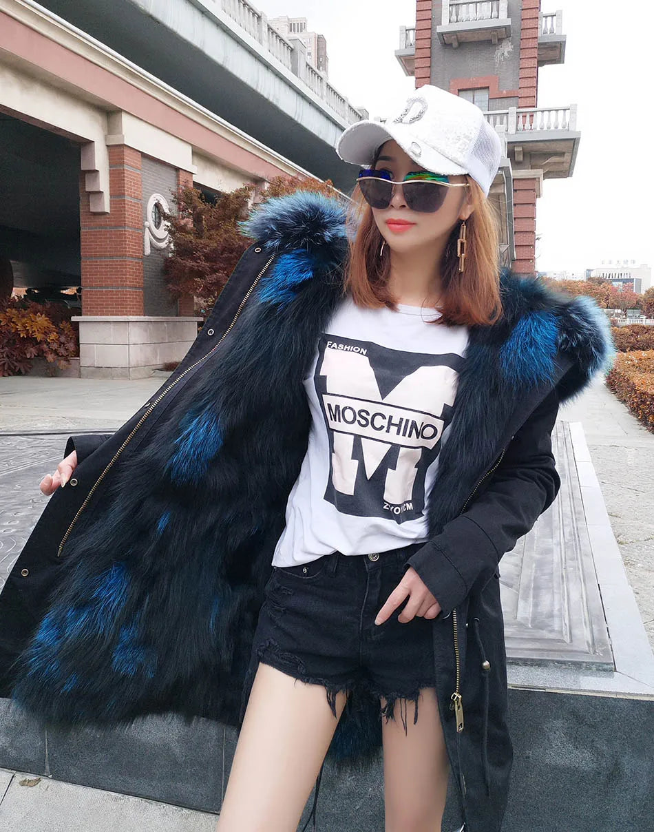 2024 MAOMAOKONG New Real Fur coat Raccoon Collar Detachable Fox fur lining jackets Women's winter Coats parkas Female clothing