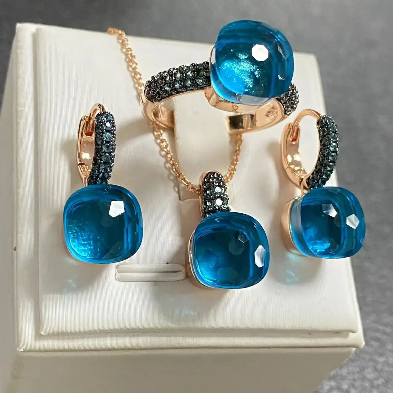 3Pcs Gun Black Plated Blue Zircon Jewelry Set for Women Includes Ring Earrings Necklace Elegant Crystal Blue Topaz Matching Gift