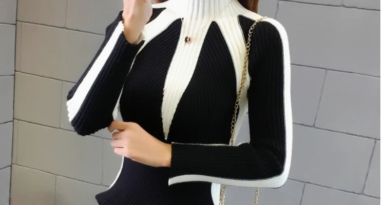 Autumn Winter Turtleneck Contrasting Colors Spliced Sweaters Female Fashion Office Lady Warm Knitted Jumpers Women's Clothing