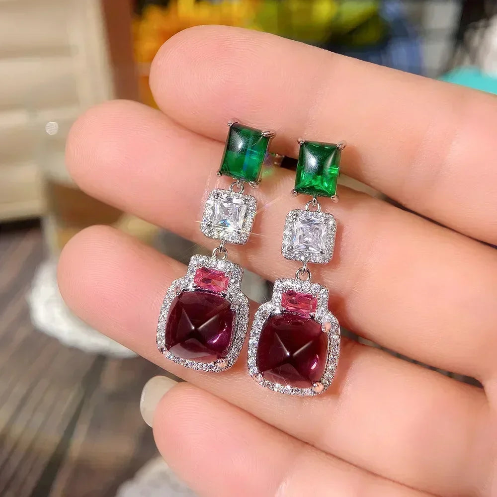 Luxury Square Purple Cubic Zirconia Crystal Earrings  for Women New FashionExquisite Fashion Gold Color Dangle  Wedding Jewelry