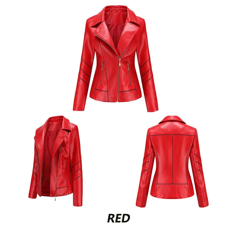 Red PU Faux Leather Jacket Women fashion Casual Biker Jackets Outwear Female Tops spring and autumn Black Leather Jacket Coat