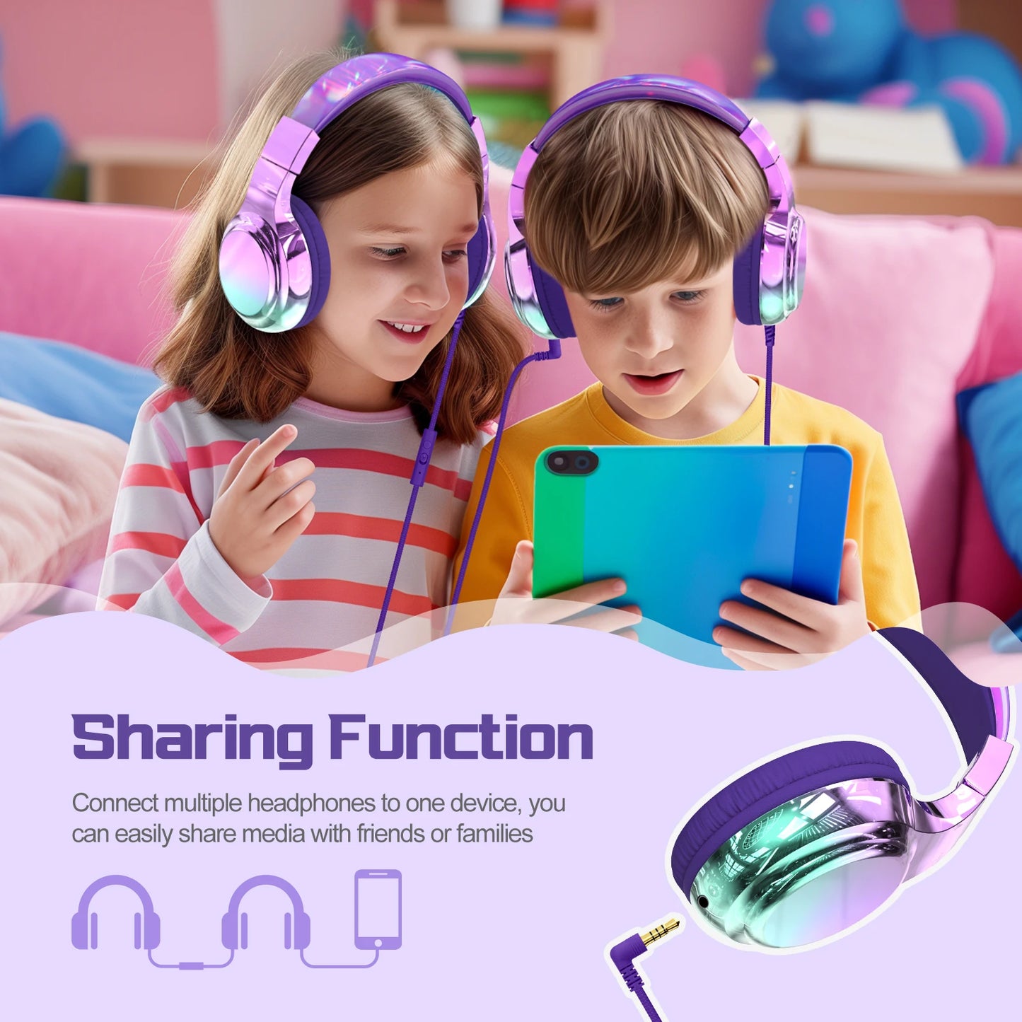 Stylish Soundproof Kids Wired Headphones For Toddler Preschool, 3.5mm Jack, 85/94dB Volume limited Headset For Travel Homeschool
