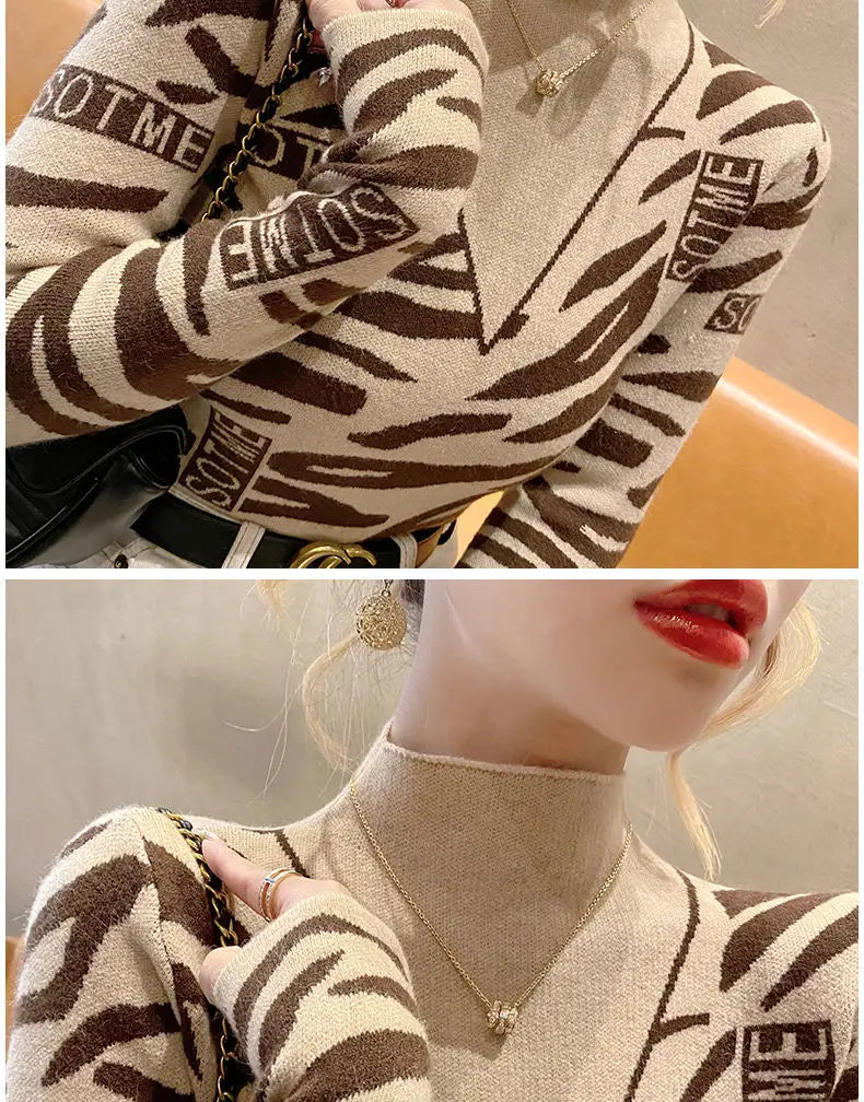 Autumn Office Lady Patchwork Knitting Turtleneck Long Sleeve Pullovers Women Clothes Fashion Letter Slim Top Tee Ladies Sweater