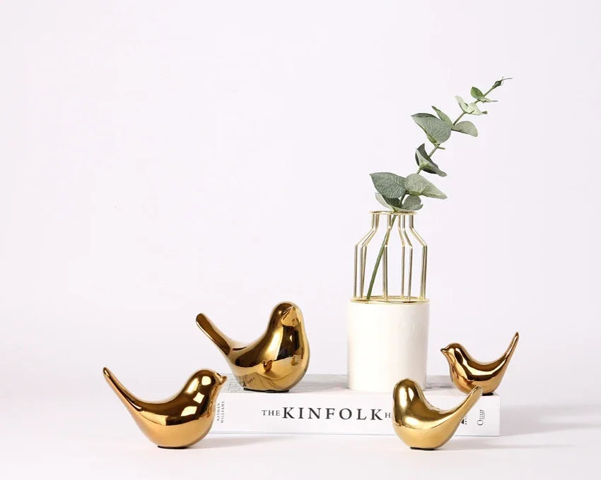 Modern Simple Luxury Golden Ceramic Bird Figurines Home Decoration Accessories Golden Bird Figures Decorative Wedding Ornaments