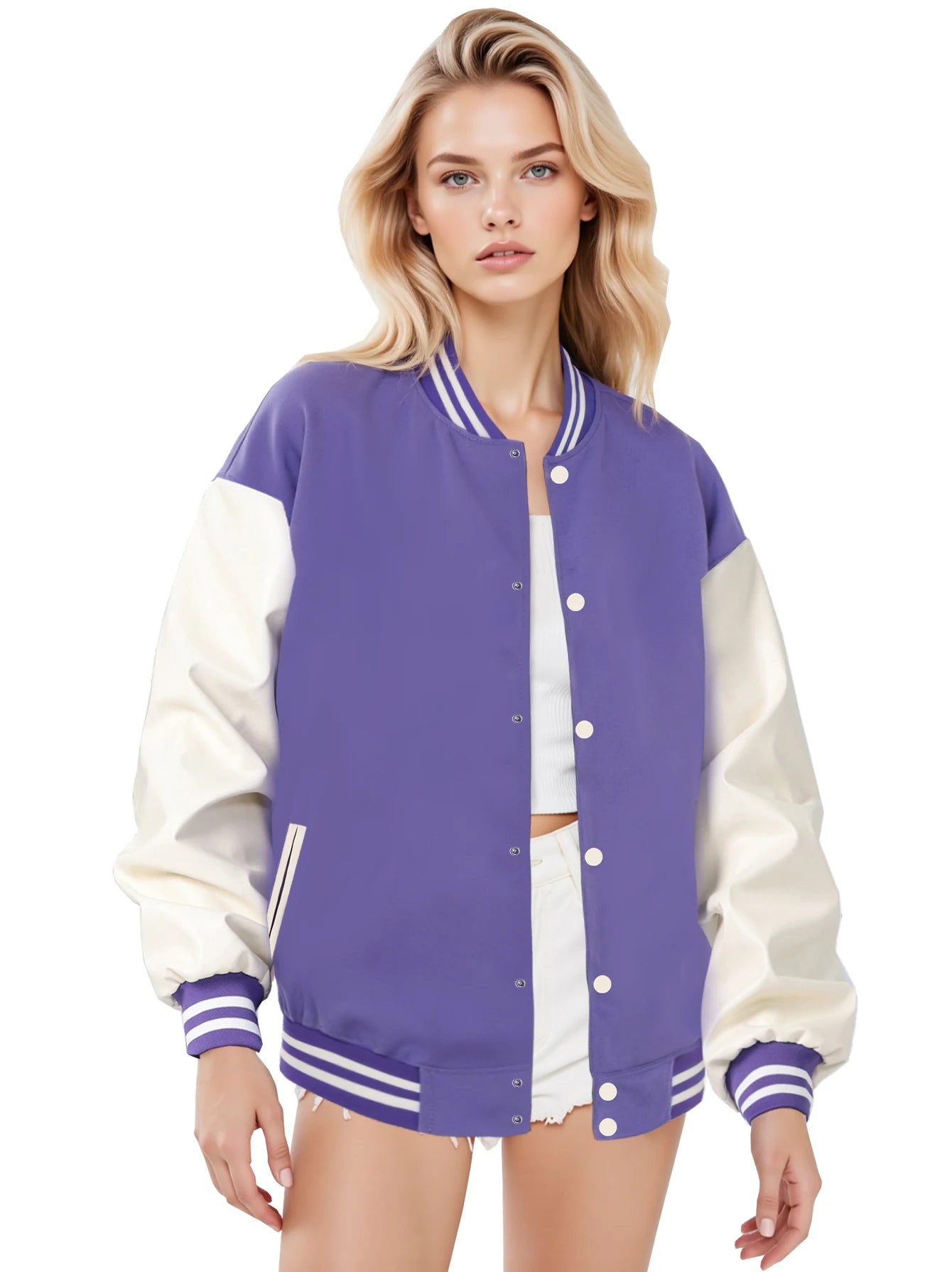 Women's Varsity Jacket with PU Leather Sleeves Fashionable Comfort Design Multiple Colors Available Perfect for Casual Wear