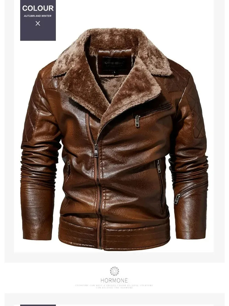 Fashion Warm Winter Mens PU Leather Jacket With Fur Collar Thicken Fleece Motorcycle Coat Casual Faux Leather Locomotive Jacket