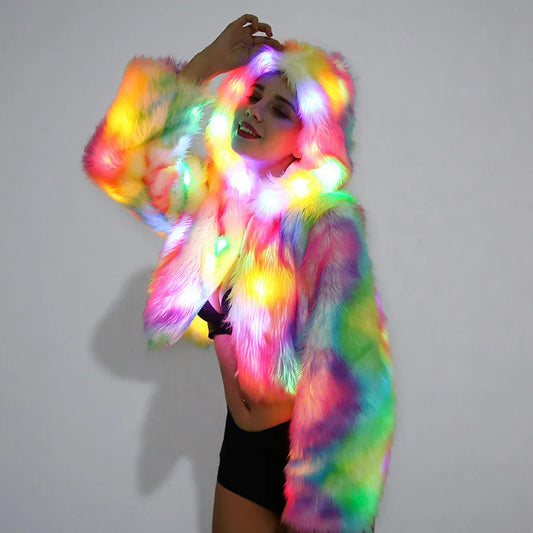 Popular Imitation Fox Fur Coat Female Cosplay Christmas Halloween Colorful LED Lights Carnival Coat