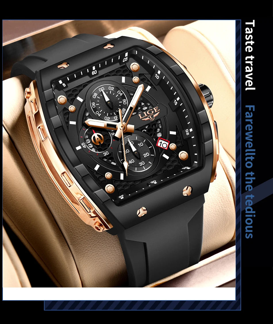 LIGE Waterproof Watches For Men Original Brand Luxury Silicone Square Men's Quartz Wristwatch Fashion Military Chronograph Male