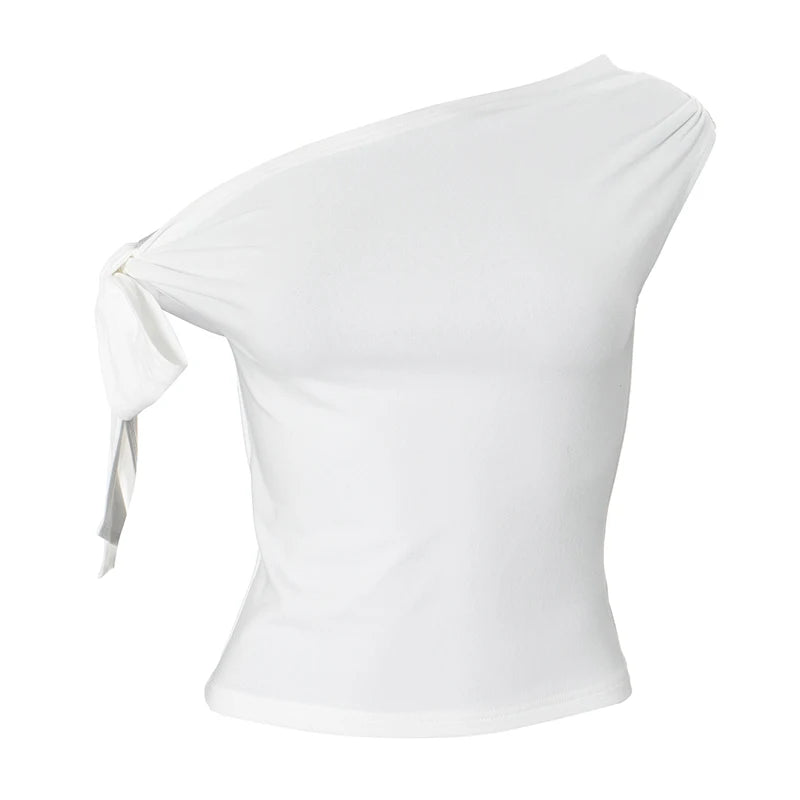 CUTENOVA 2024 Women'S Summer Ins Style New Shrink Pleated One-Shoulder Crop Top Backless Twist Tie Asymmetric T-Shirt Casual Top