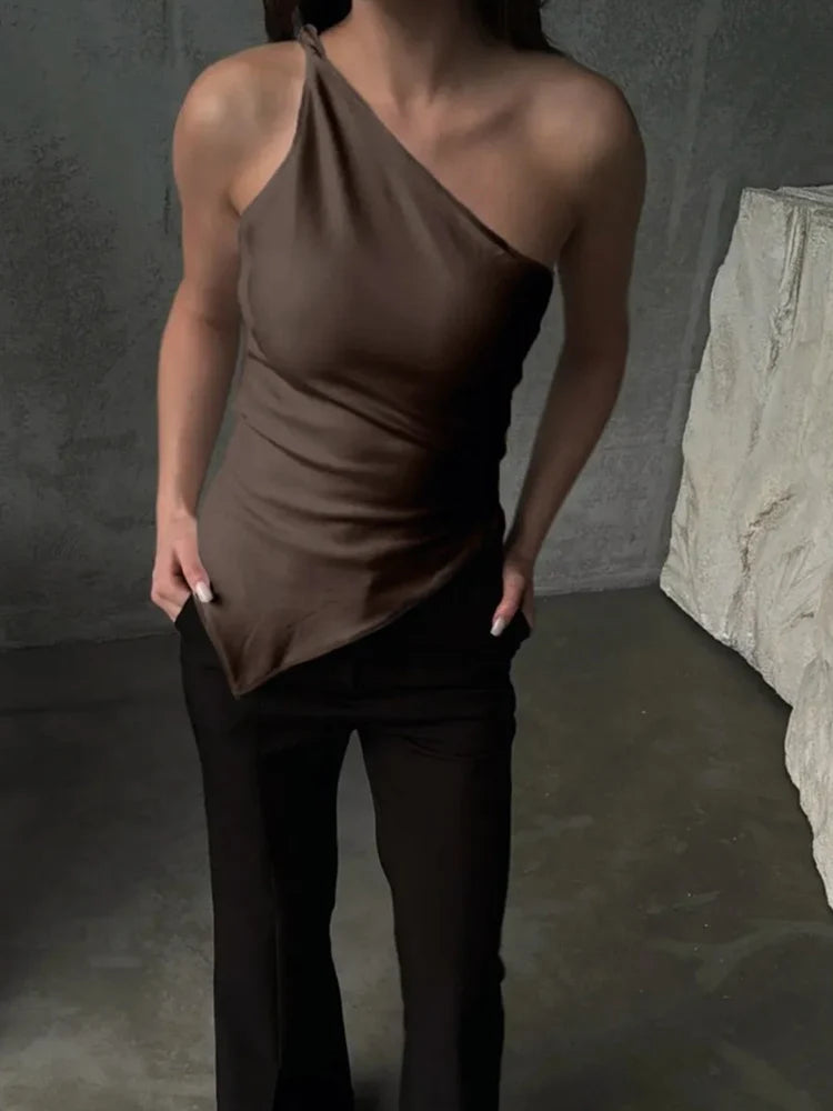 2025 Fashionable Women's Casual T-Shirt Solid Color Single Shoulder Asymmetrical Slim Fit One-Piece Neck Top