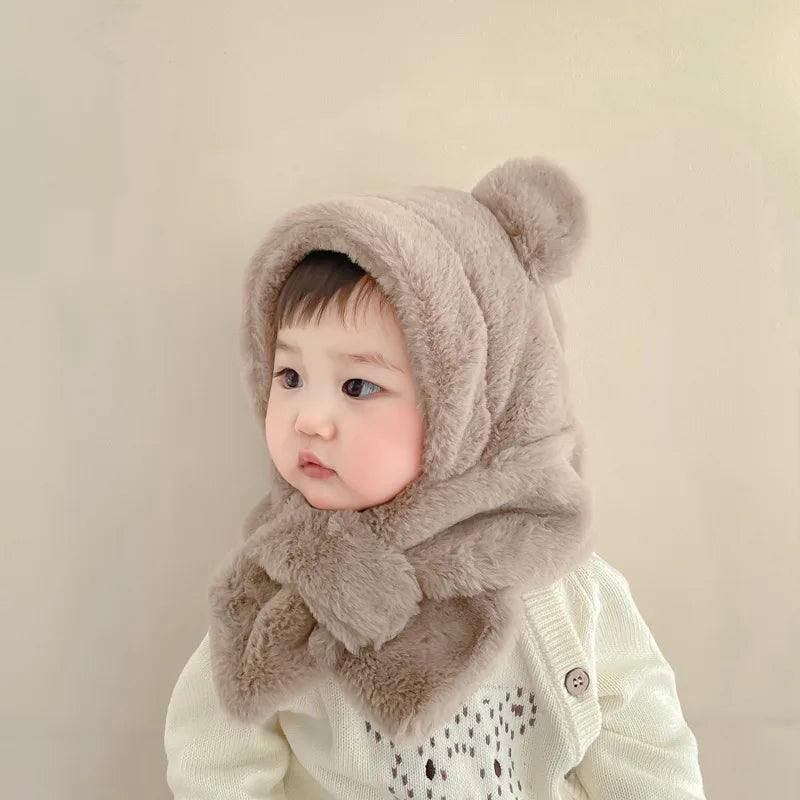 Winter Baby Hat Scarf One-Piece Faux Fur Kids Hats Cartoon Bear Warm Neck Ear Cap for Boys Girls Windproof Beanies Infant Stuffs