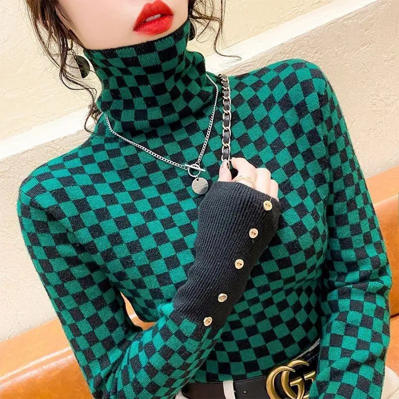 Women's Clothing Elegant Fashion Plaid Knit Pullovers Autumn Winter Vintage All-match Long Sleeve Patchwork Sweater Lady Y2k Top