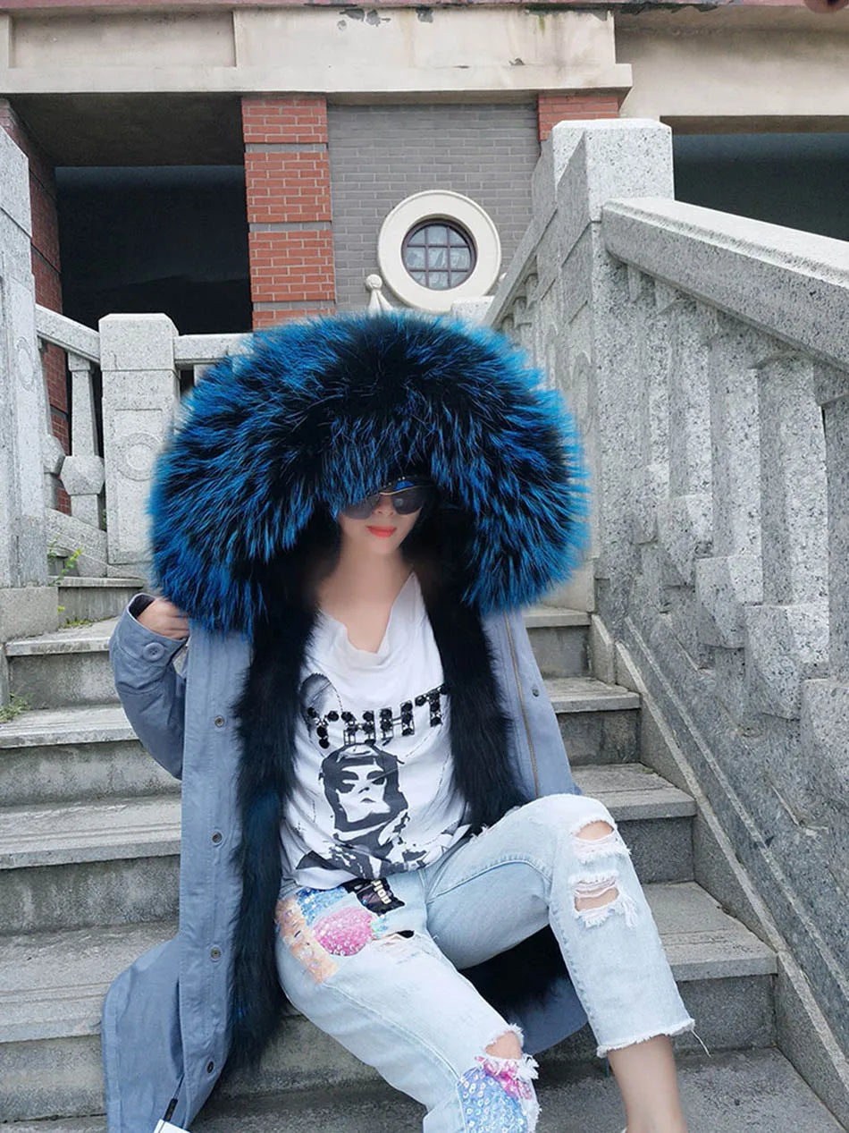 2024 MAOMAOKONG New Real Fur coat Raccoon Collar Detachable Fox fur lining jackets Women's winter Coats parkas Female clothing