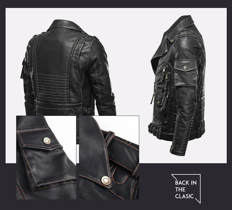 Winter PU Leather Jacket Men Fashion Motorcycle Faux Leather Jacket Male Autumn Cool Zipper Pockets Outwear Coats Clothing