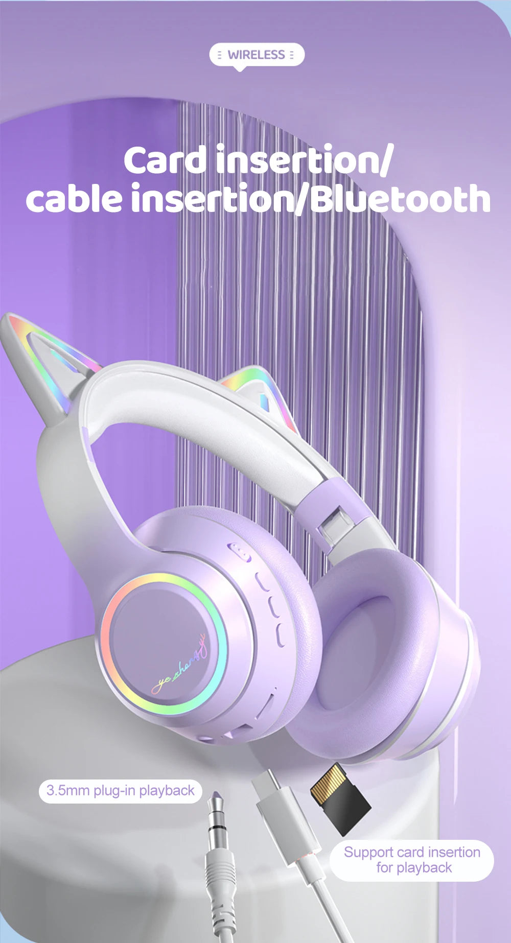 Gradient Wireless Headphones RGB Cat Ear Bluetooth Headphones With Microphone Stereo Music Game Earphone For Girls Kids Gifts